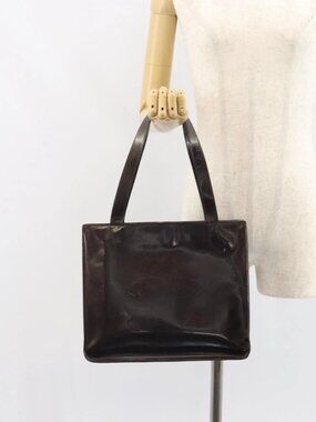 CHANEL Tote Bag Patent leather Brown Silver CC Auth bs32313